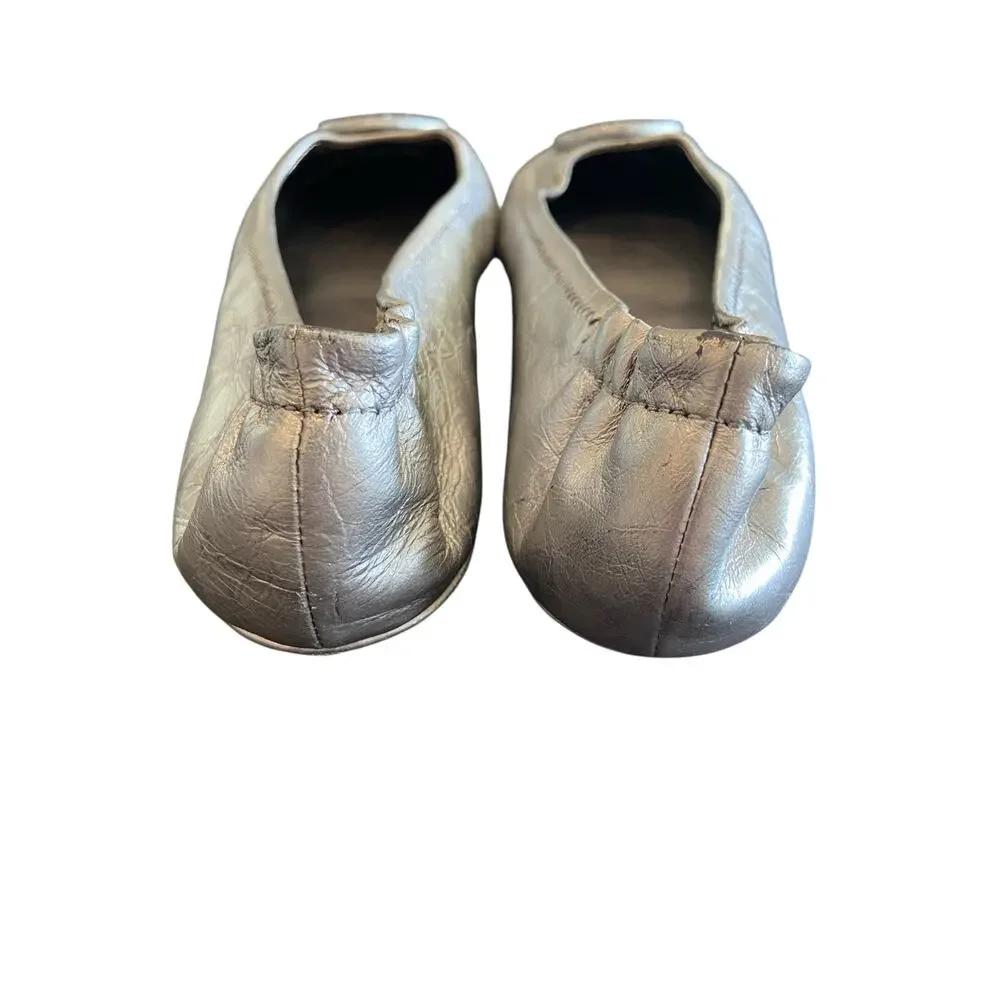 Tory Burch Minnie Flats Travel Ballet Slip On Leather Metallic Office Preppy 6.5